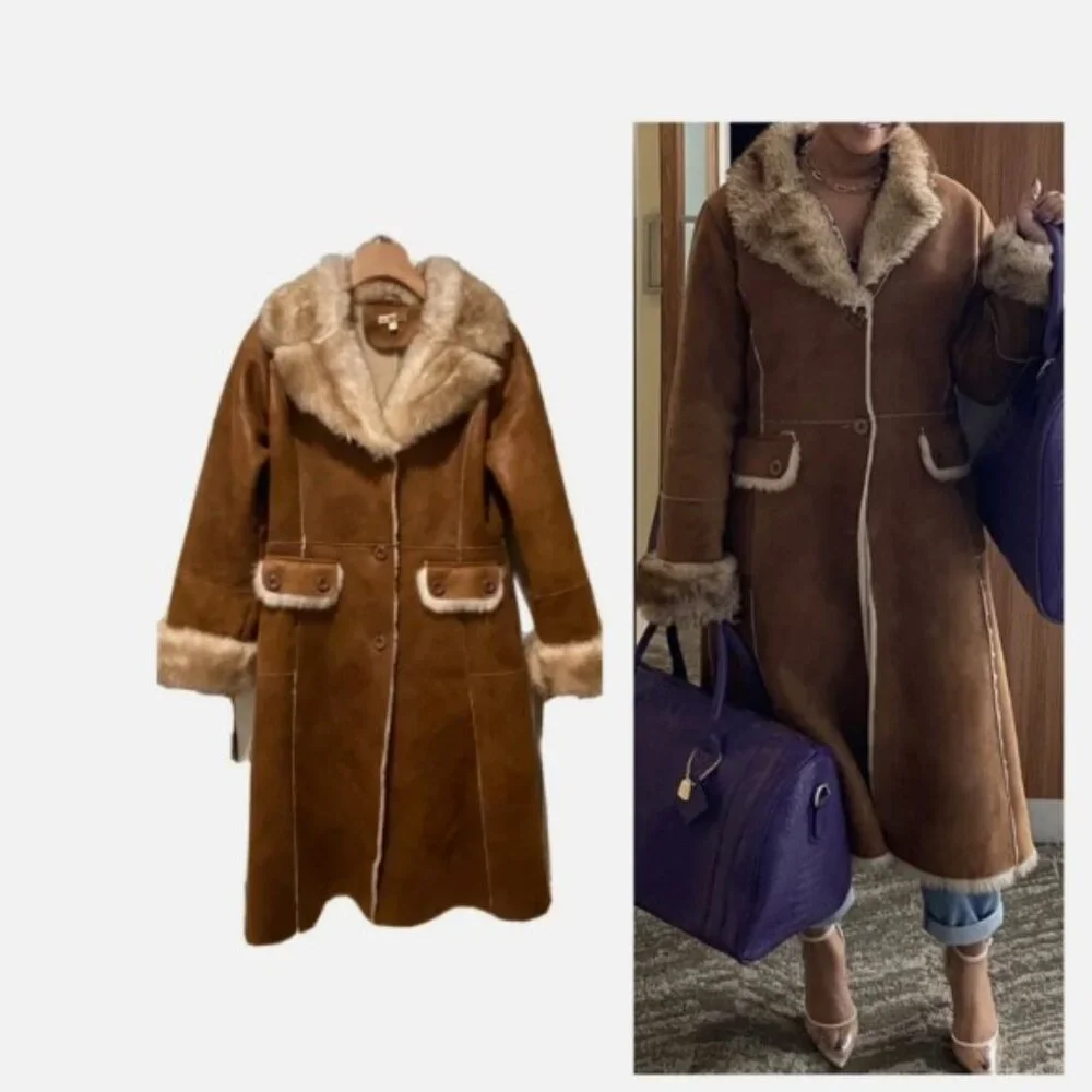 Stunning WILSONS Brown Long Faux Suede Fur Trim Sherpa Shearling Coat Y2K Sz M - Picture 2 of 12